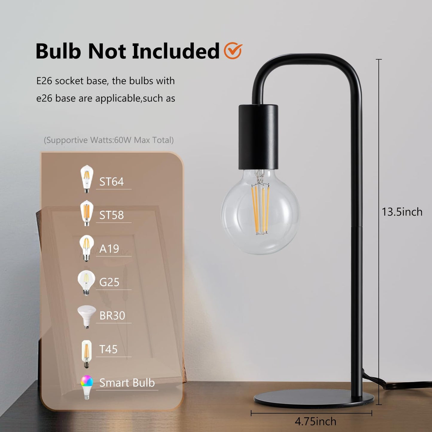 Iporovon Industrial Table Lamp for Bedroom, Small Table Lamps for Bedside with Wire Switch, E26 Socket Base, Modern Nightstand Lamp for Living Room, Reading, Office, Bulb Not Included.