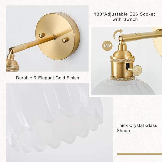 Wall Sconces Set of Two Hardwired, Vintage Sconce Light with Tulip Milk White Glass Lampshade, Bathroom Wall Lights with Switch, Gold Wall Light Sconces Wall Decor Set of 2