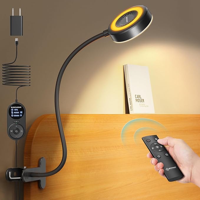 Glocusent 72 LED Clip on Lamp with Remote, Reading Light with Amer Ring Night Light, 3 Colors & 5 Dimmable Desk Lamp with Clamp, Auto-Off Timer for Night Reading, Bed Light for Headboard/Dorm/Bunk