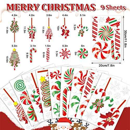 AnyDesign 9 Sheet Christmas Window Clings - Candy Cane Lollipop Peppermint Decals - Double-Sided Merry Christmas Decor for Home, School, Office, Candyland Party Supplies