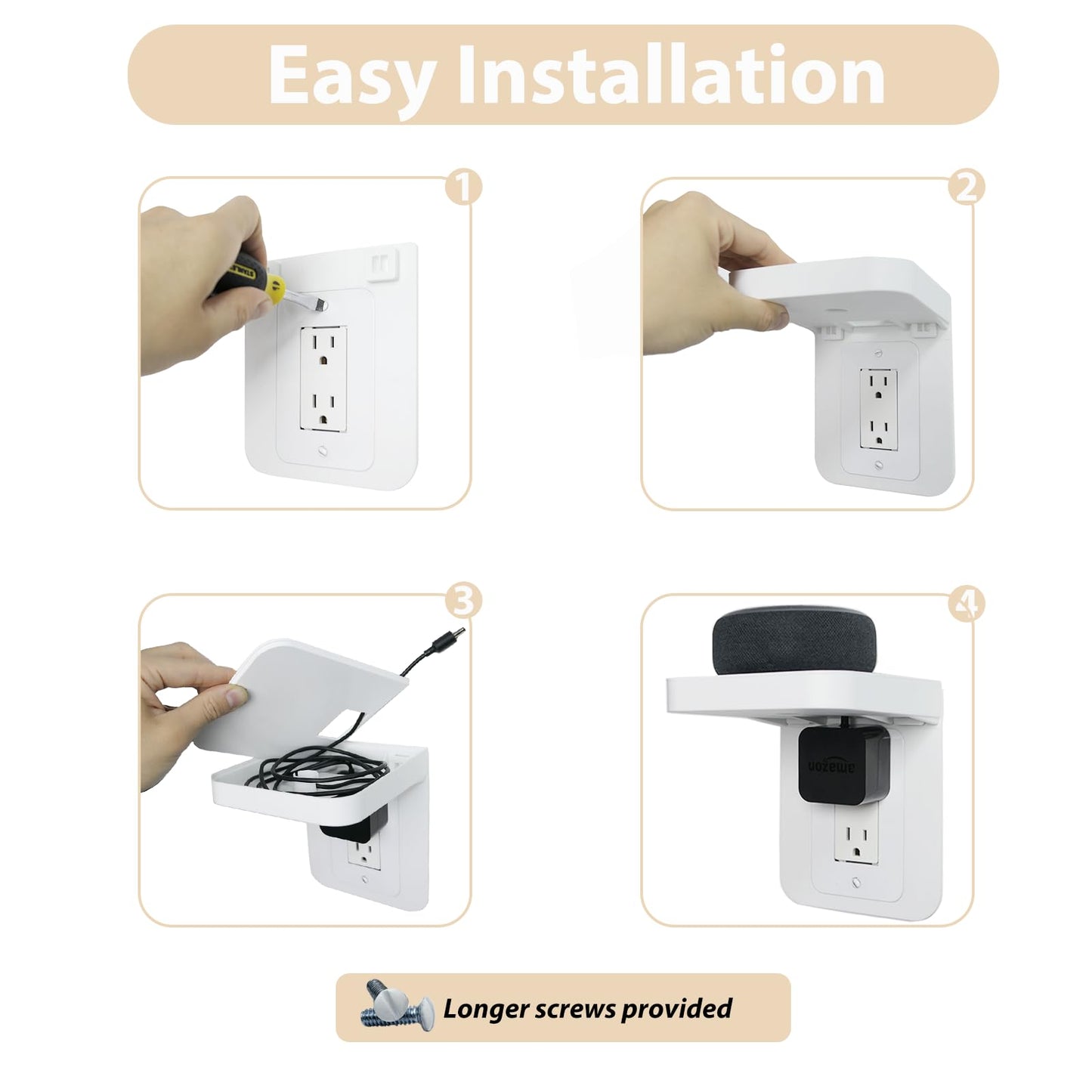 Outlet Shelf Holder Fit for Decorator Receptacle, Bathroom Decor Built-in Cable Management,Space Saving Homepod Mini,Google Home/Echo/Smart Speakers/Electric Toothbrush/Cell Phone (Decora)