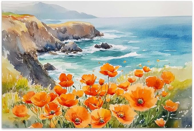 Yesad Poppies Wall Art, California Landscape Canvas Print, Coastal Wall Art Flower Pictures, Farmhouse Wall Decor for Living Room (Unframed, 36'x24', Poppy2)