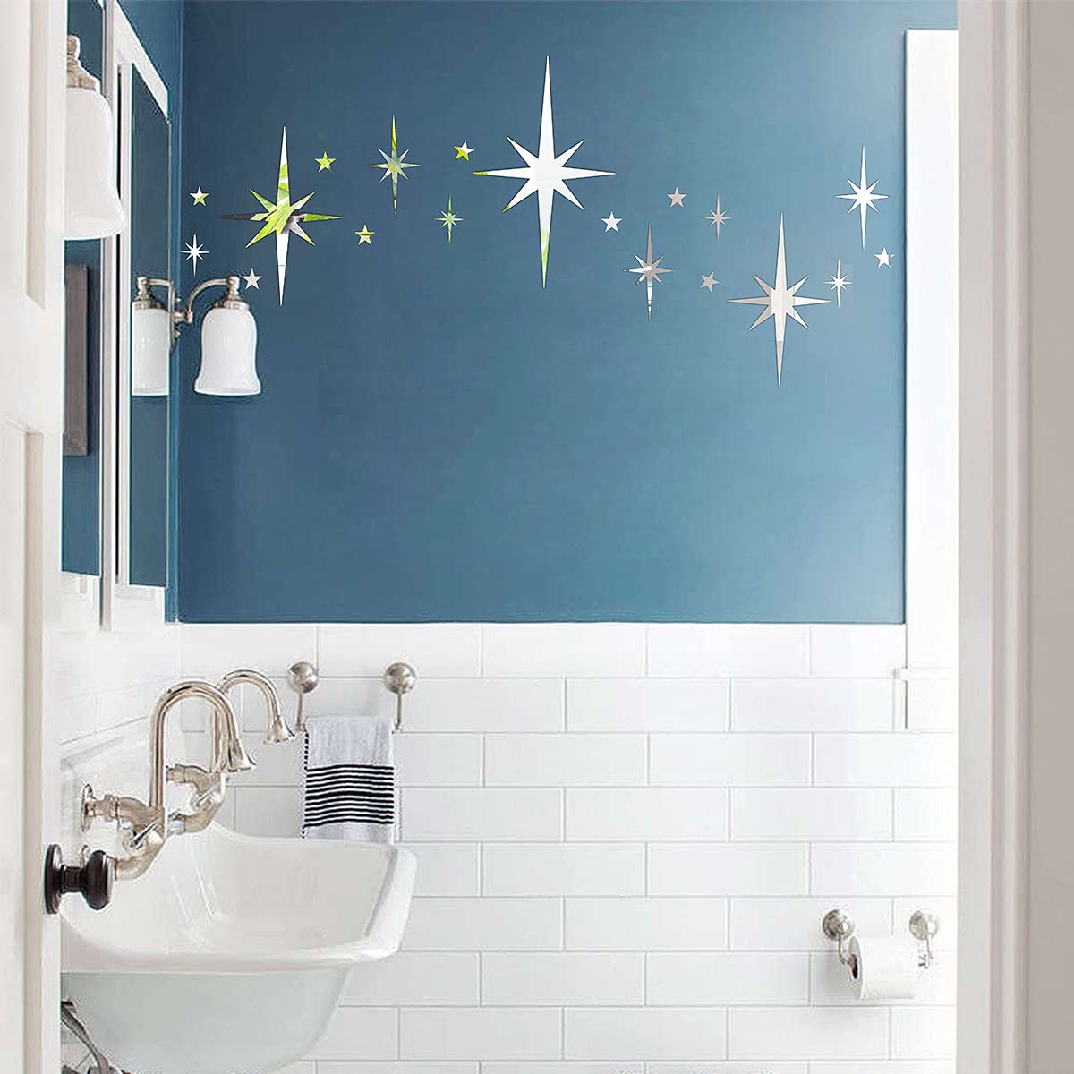 Easma Retro Starburst Mirror Wall Decals Silver 3D Acrylic Sparkle Wall Decors Star Walls Stickers Removable Stars Decals Bathroom Bedroom Living Room Home Walls Decors(123pcs)