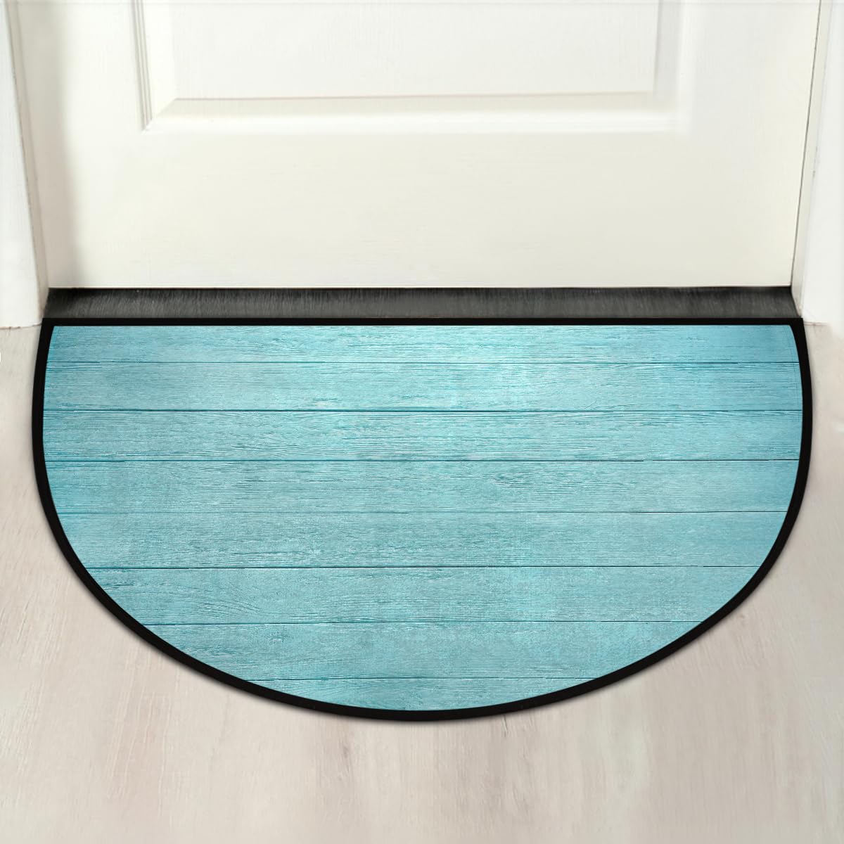 Half Round Doormat Non-Slip Washable Turquoise Teal Wood Texture Semi Circle Rug Soft Absorbent Half Moon Mat for Indoor Outdoor Entrance Kitchen Bathroom Sink Patio Welcome Fireplace Floor Rug