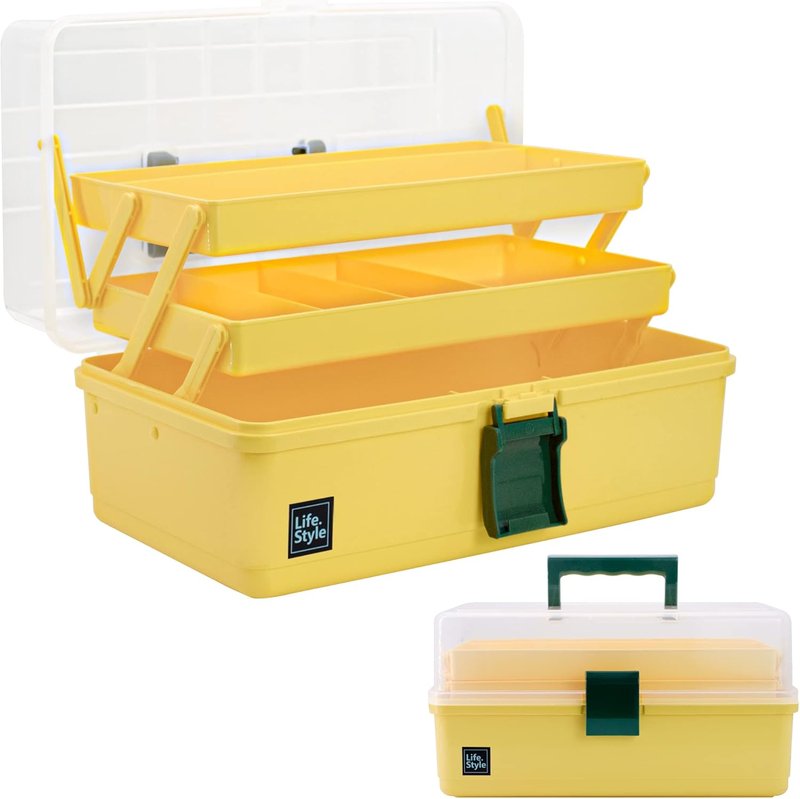 Art Craft Organizer Storage Box - 13-Inch 3-Layer Plastic Tool Box with Handle for Sewing, Art Supplies & Accessories | Yellow