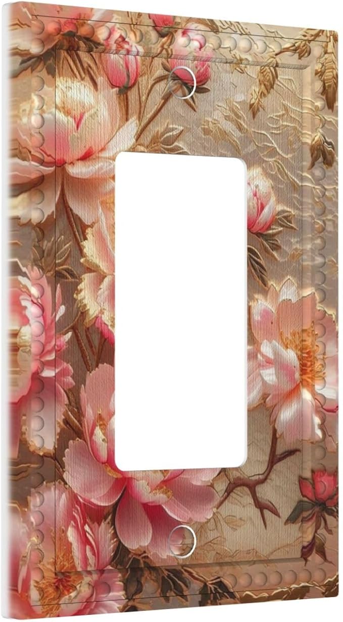 Pink Blooming Flowers Peonies Floral Single Decora Outlet Wall Plate 1 Gang Rocker Decorative Switch plate Faceplate GFCI Light Switch Covers for Farmhouse Living Decor