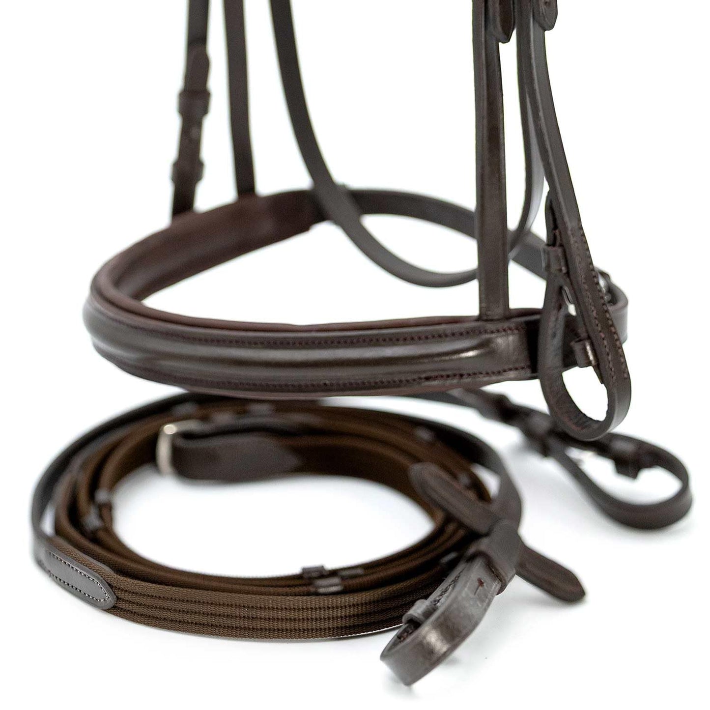 Jeffers Uniquely English Devon Leather Snaffle Bridle with Reins for Horses, Oversize - Padded Monocrown, Raised Browband, Cavesson Noseband, Hook Stud Ends, English Horse Tack for Riding or Jumping