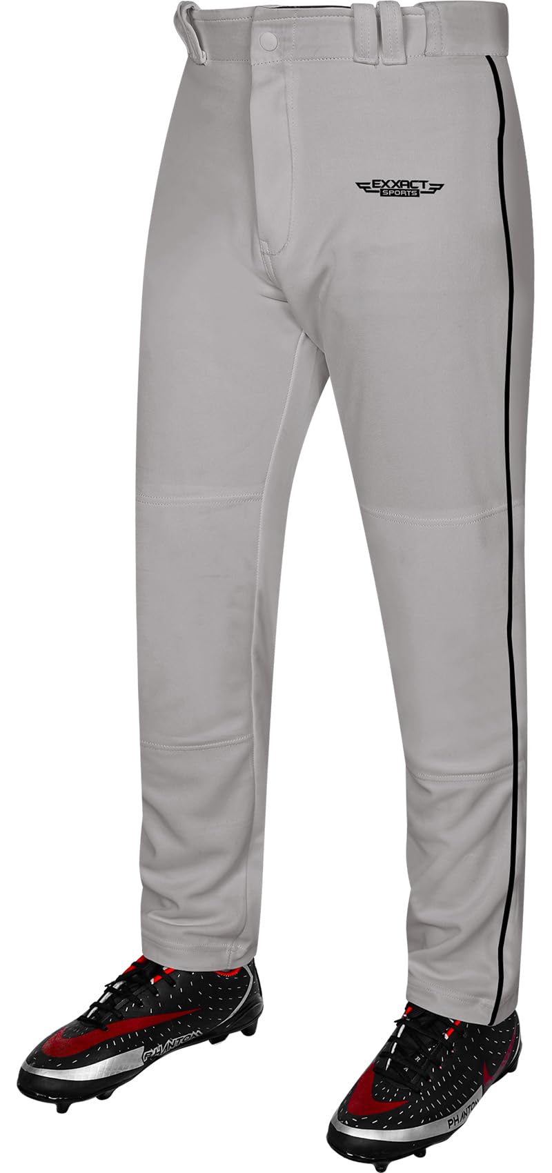 Exxact Sports Home Run Boys Baseball Pants with Piping - Full-Length, Semi-Relaxed Fit, Open-Bottom Youth Baseball Pants - (YM, Grey/Black Piping)
