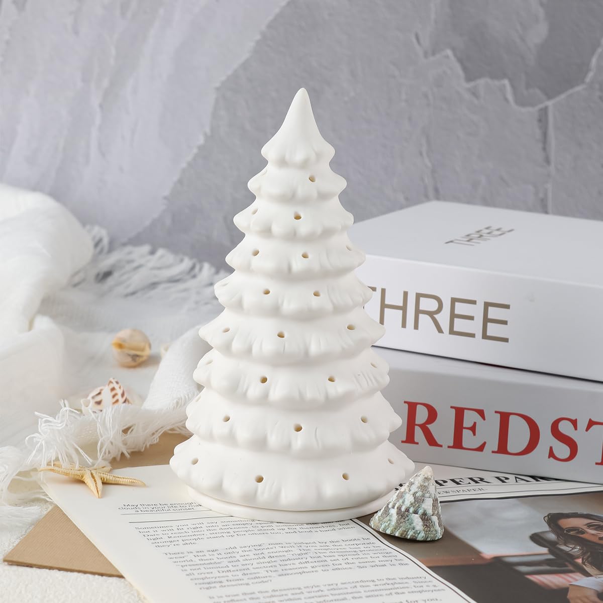 Ceramic Christmas Tree Set Tealight Ceramic Holder Height: 6.3inch Matte White Translucent Tiered Silhouette Sculptural Accents