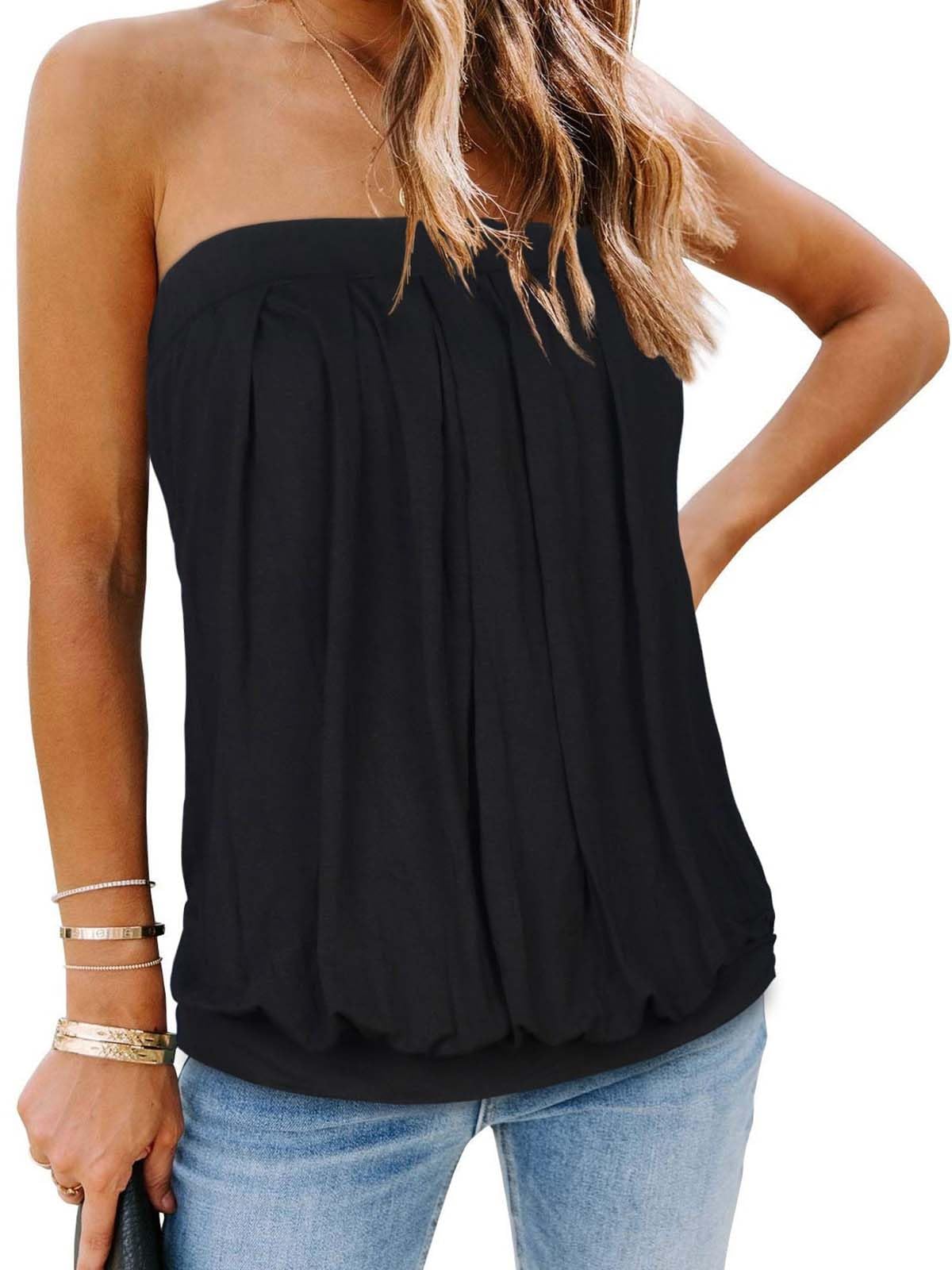 CHICGAL Women's Off The Shoulder Tops Summer Casual Bandeau Tank Casual Strapless Tube Blouse Shirts (Black,L)