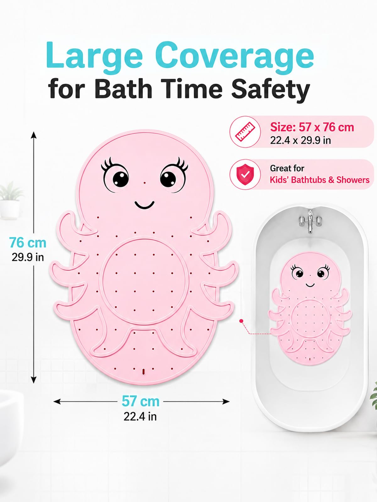 Zuplo Kids Bathtub Mat Non Slip, Soft Silicone Octopus Baby Bath Mat for Tub, Toddler Bath Mat with Large Suction Cups, Washable Anti Slip Shower Mat for Children, Smooth Tub Surface Only