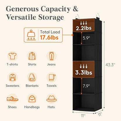 Lifewit 6 Tier Hanging Closet Organizer and Storage for Shelves, 1 Pack Foldable Clothes Shelf with 2 Sturdy Hooks, Sweater/Coat/Shoes Clothing Organization for Wardrobe, Dorm, Bedroom, Black