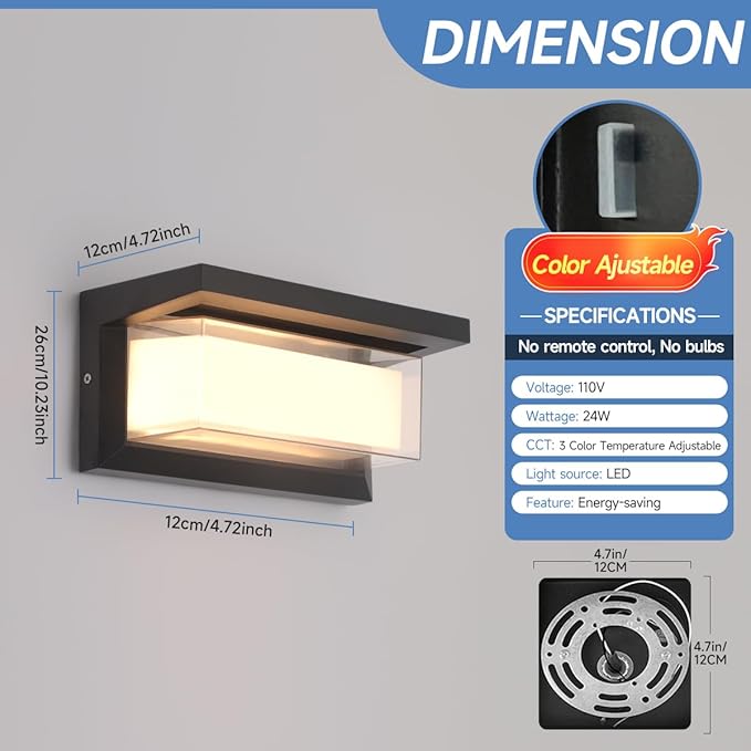 Outdoor Modern Wall Sconce Lights,15%-100% Dimmable Indoor Wall Light Fixtures,3000K/4000K/6500K Adjustable,24W Exterior Wall Lighting,Waterproof Outdoor Porch Light,2160LM Indoor Wall Sconce 1 Pack