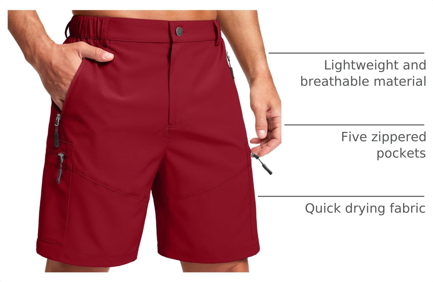 Pudolla Men's Hiking Cargo Shorts Lightweight 7" Travel Casual Shorts for Men Golf Work Outdoor with 5 Zipper Pockets(Red X-Large)