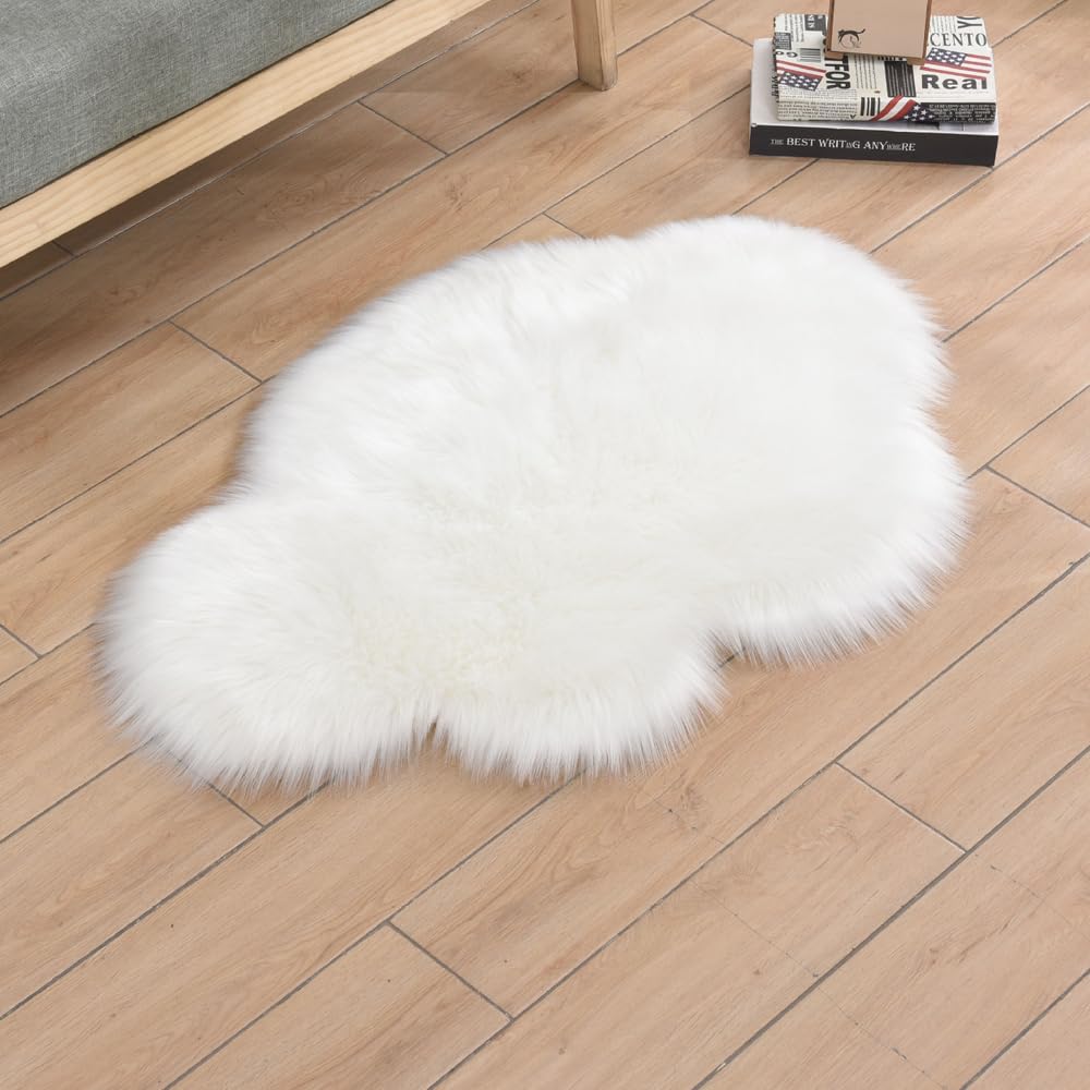 Faux Sheepskin Small Area Rugs Seat Pad 24x35In Cloud Carpets Wool Foot Mat (White)