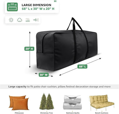 Cushion Storage Bag 420D Waterproof 68" Rectangular Outdoor Patio Cushion Storage Bags — Outdoor Cushion Storage Bag with Zipper and Handles Extra Large Storage Bags 68" L x 29" H x 20" W Black
