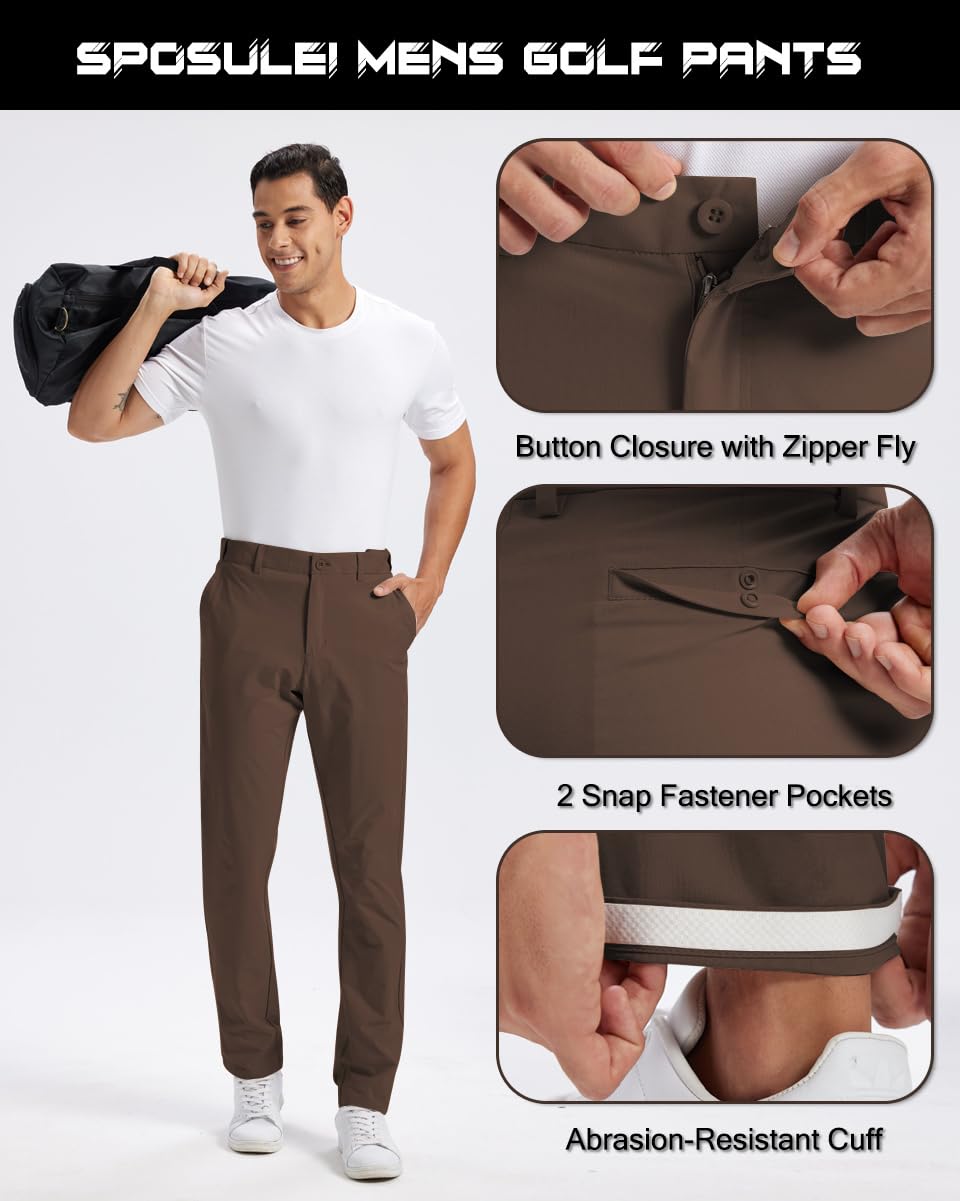SPOSULEI Men's Golf Pants Lightweight Quick Dry Dress Business Pants with 4 Pockets Stretch Chino Slacks Pants Brown 30Wx30L