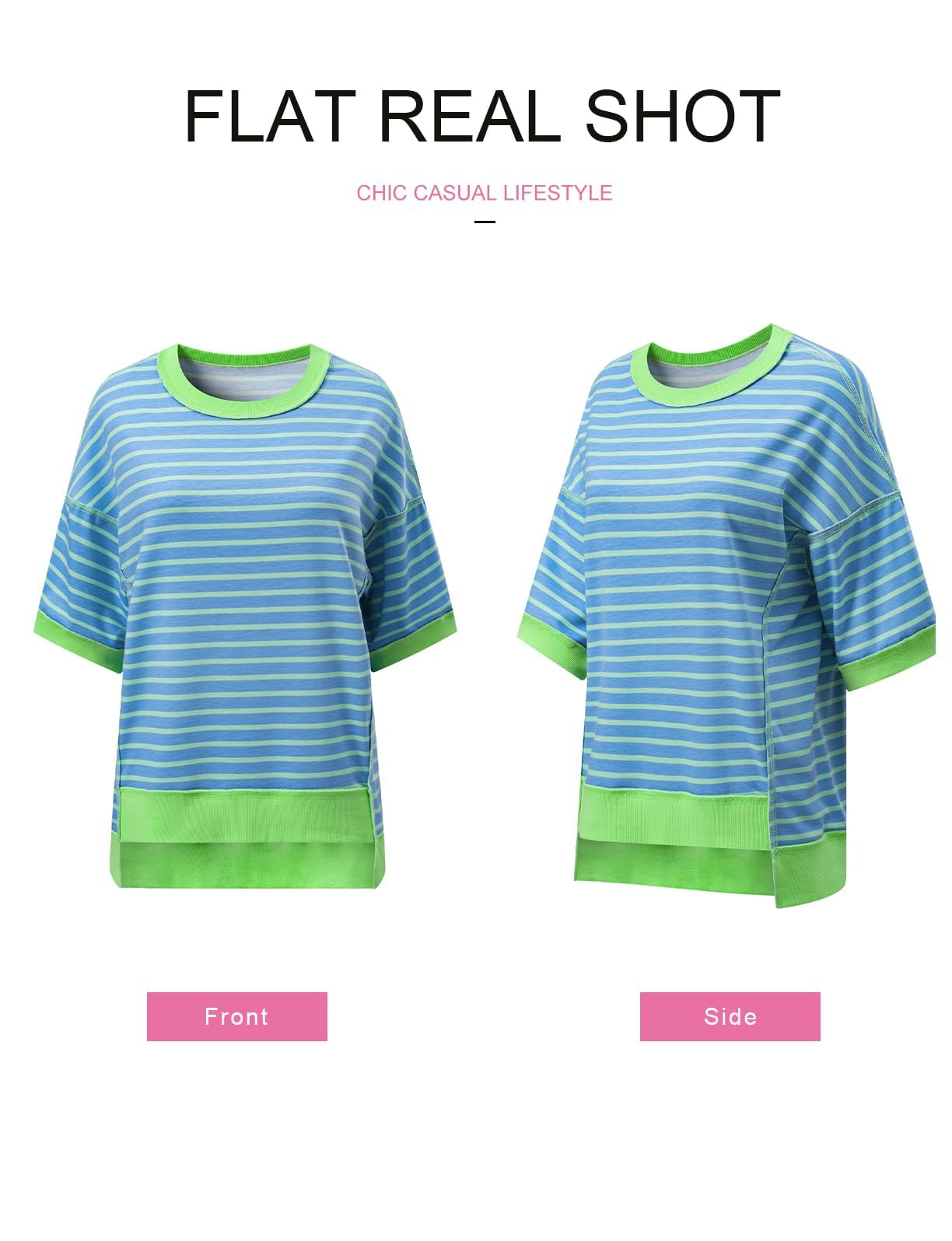 SHEWIN Womens Tops Trendy Crewneck Sweatshirt Loose Ladies Top and Blouses Dressy Casual Spring Top Short Sleeve Shirts for Women 2026 Sky Blue Stripe XXL