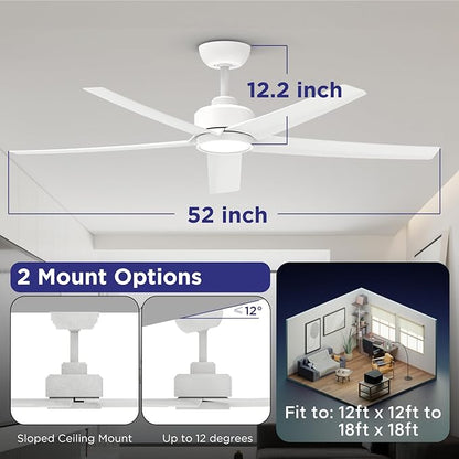 ocioc 2 Pack 52 inch Ceiling Fans with Lights and Remote Control, Ultra Quiet DC Motor, 3 Color Temperatures Modern Ceiling Fan for Bedroom Patio Indoor Covered Outdoor White