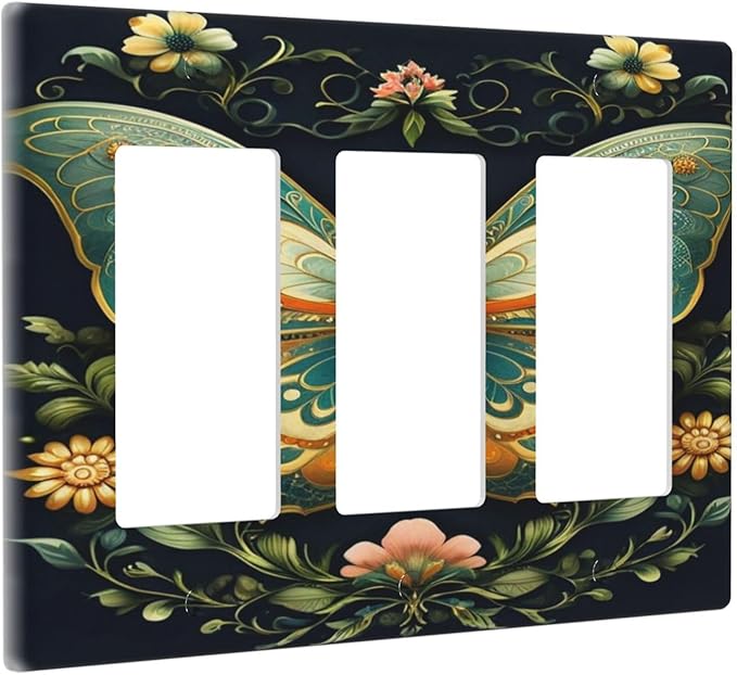 Butterfly Ornate with Flower 3 Gang Rocker Triple Outlet Wall Plate Decorative Switchplate Cover Faceplate GFCI Light Switch Covers for Farmhouse Living Decor