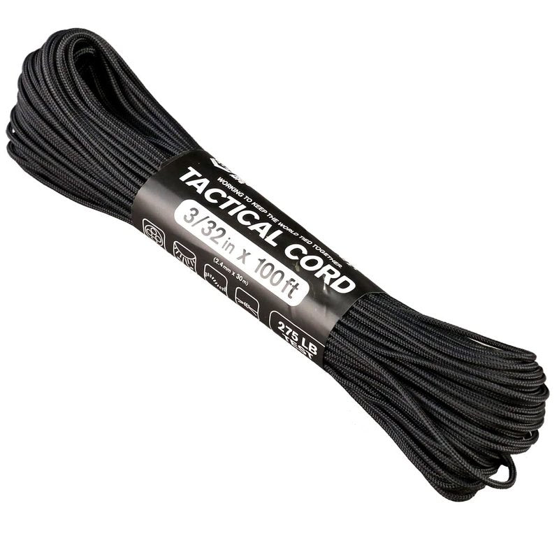 Atwood Rope MFG 275 Tactical Paracord 100 Feet 4-Strand Core Nylon Parachute Cord Outside Survival Gear Made in USA | Lanyards, Bracelets, Handle Wraps, Keychain (Black)