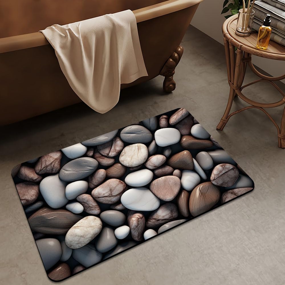 ZHUZHISHAN Bath Mat Rug,Rounded River Stones Non Slip Quick Dry Super Absorbent Thin Bathroom Rugs Fit Under Door-Easy to Clean Bathroom Floor Mats-Shower Rug for Shower Sink Bathtub(16" x 24"in)
