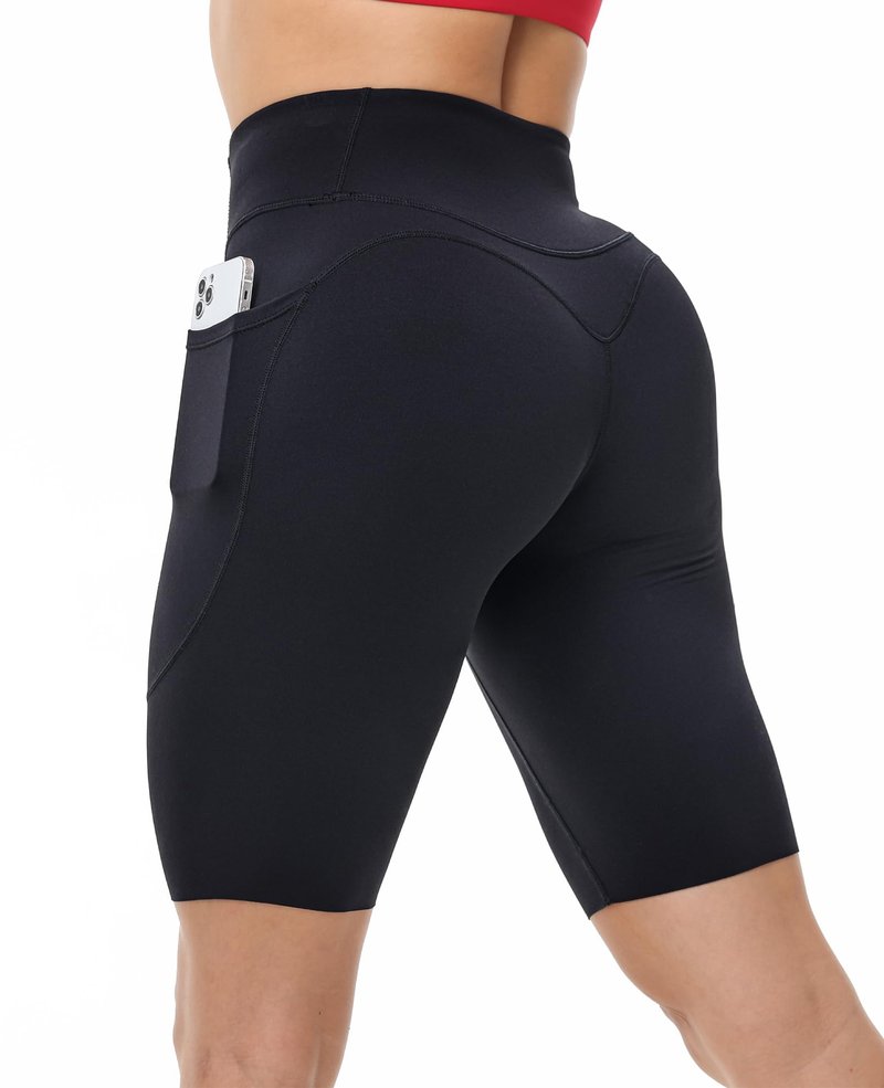 MotoRun Biker Shorts Women Tummy Control with Pockets - High Waisted Workout Shorts No Front Seam Black Yoga Short Leggings Medium