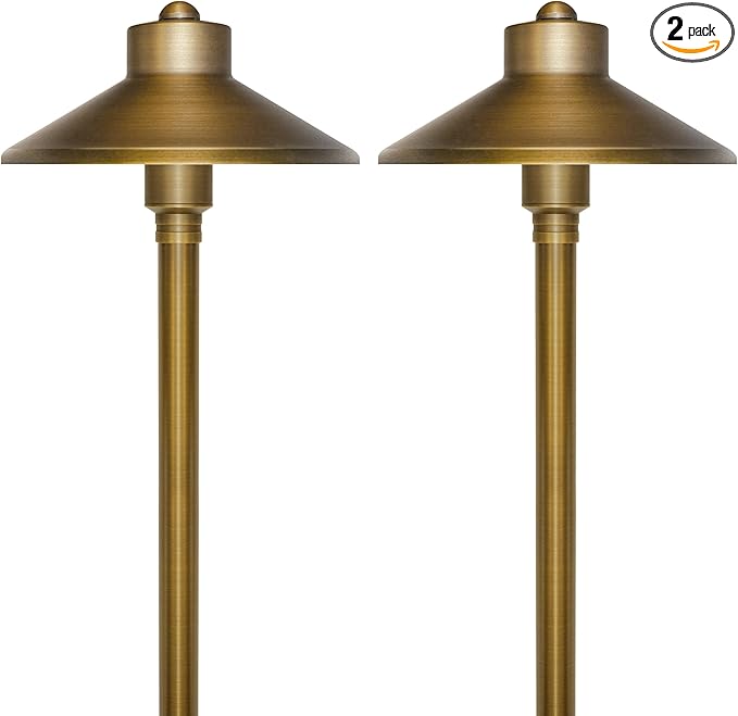 GKOLED Solid Brass Landscape Path Lights (6.7" Shade, 20" Tall), Low Voltage LED 3W 12-24V AC/DC China Hat Path Lighting, 2700K Outdoor Waterproof Walkway Light, with Stake and G4 Bulb, 2 Pack