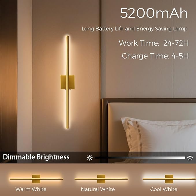 Rechargable Wall Sconce Set of Two, Modern Wireless Brass Wall Light Sconce with Remote, 28.35Inch Dimmable Indoor Home Wall Decor Lights for Bedroom, Living Room, Hallway (Bronze/Square)
