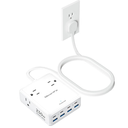 Olcorife 230W USB Power Strip with 5 FT Extension Cord, 4 AC Outlets 8 USB Ports(4 USB-C&4 USB A), 3 Sided Outlet Extender for Home Office Travel Dorm Room Essentials, White