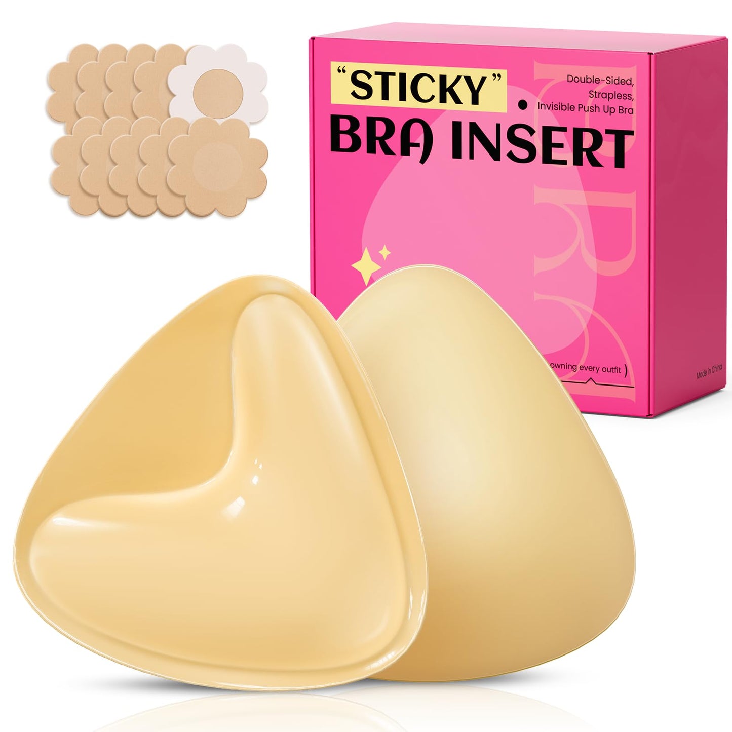 Dandelion Pact Double Sided Sticky Bra Inserts, Invisible Push Up Sticky Bra Pads for Large Breasts, Stick on Bra for Bikini Swimsuits (Medium, Beige)