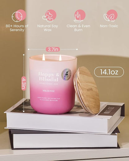 M&SENSE Lychee Cherry Rose Scented Candle for Home, 14.1oz 80-Hour Long-Lasting Non Toxic All Natural Soy Wax Flower Scent Aromatherapy Candle for Family & Housewarming Gifts