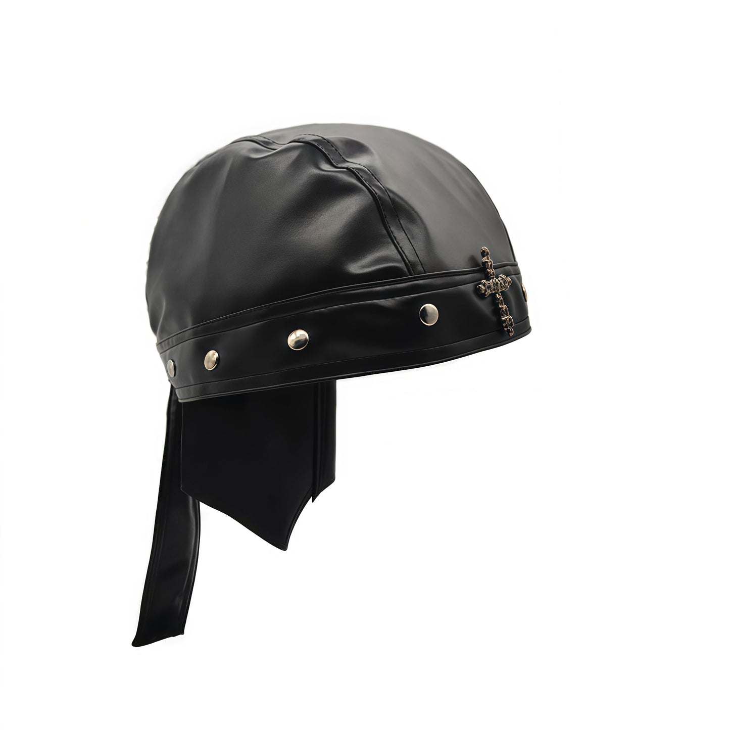 Leather Biker Skull Cap for Women Adjustable Skull-Studded Cross Motorcycle Hat with Snug Fit, Stylish Biker Head Wrap & Riding Cap
