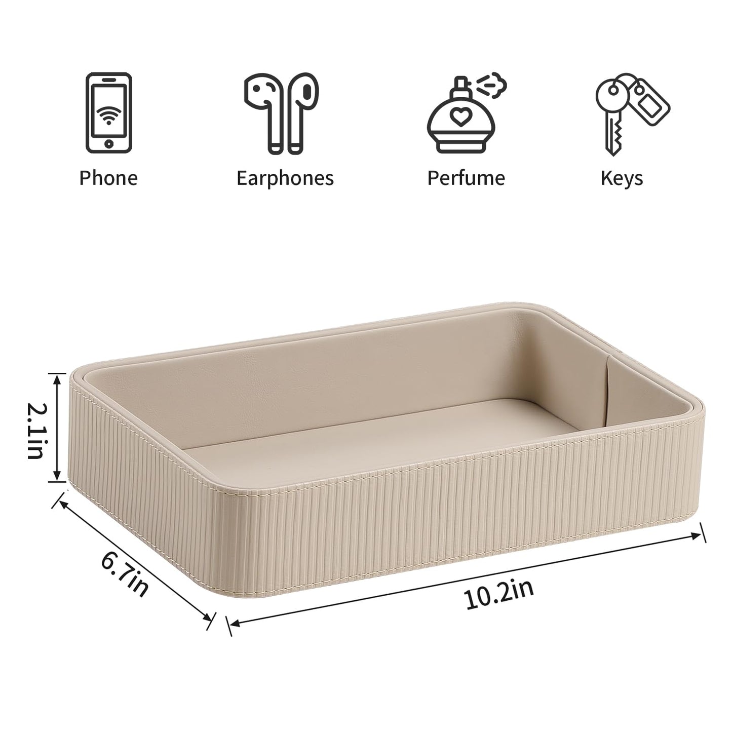 Cretkhp PU Leather Valet Tray Organizer, Modern Nightstand Organizer Bedside Desktop Storage for Womens and Men, Decorative Perfume Trinket Catchall Vanity Tray for Key Watch Wallet (Beige)