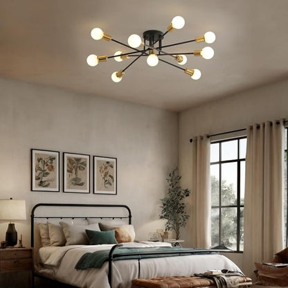 Mid Century Sputnik Gold and Black Semi Flush Mount Ceiling Light Fixture, Modern Large 11 Light Metal Chandelier for Dining Room Bedroom Kitchen Living Room Office Lighting