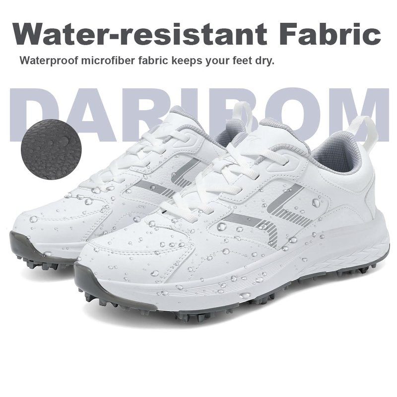 DARIBOM Mens Golf Shoes Spiked Non Slip Waterproof Golf Sneakers with Leather Upper Size 10.5(White)