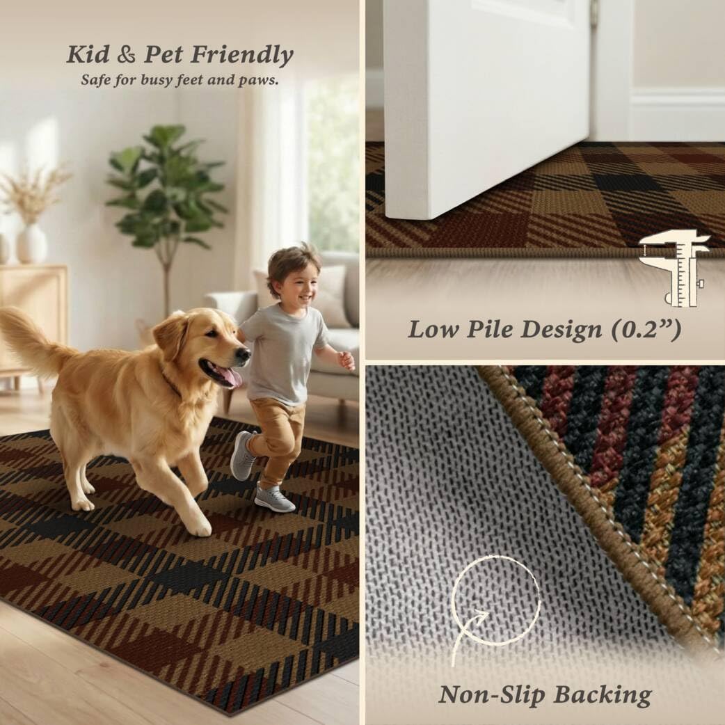 5x7 Farmhouse Mudroom Rug – Washable Non Slip Large Entryway Area Rug for Back Door, Garage Entrance, Durable Indoor Outdoor Style Plaid Rug for Kitchen Dining Room, Dark Brown