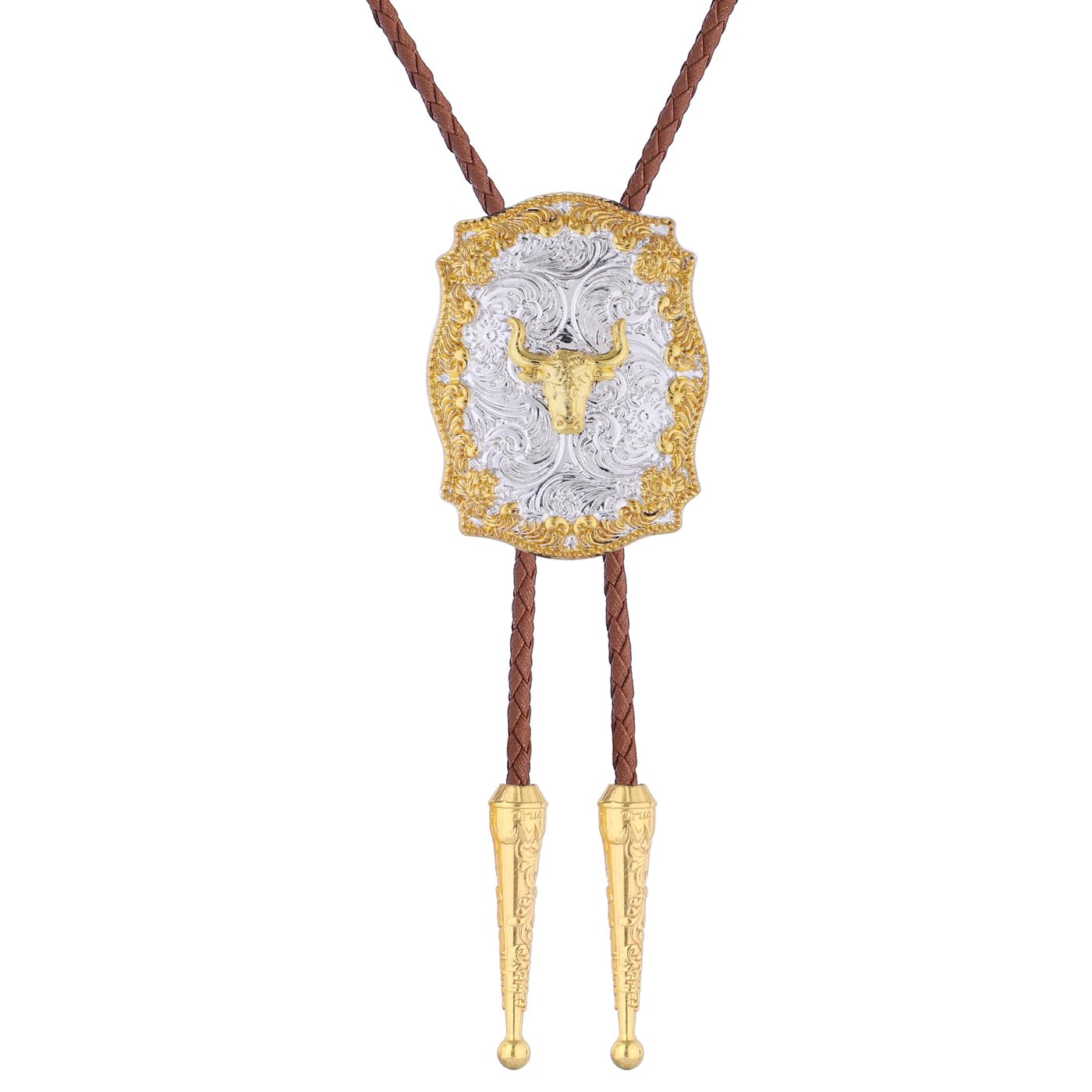 GelConnie Western Bolo Tie for Men Gold Cow Skull Pendant on Brown Leather Bolo Tie Handmade Western Ties Cowboy Necktie Accessories