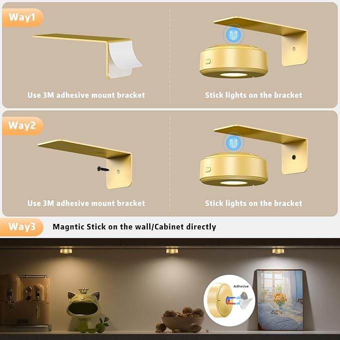 3PCS Picture Lights, Rechargeable Battery Wall Light for Paintings, 3 Colors Paintings Light Dimmable and Timer Metal Art Light for Display, Wall, Artwork, Gallery (Gold)