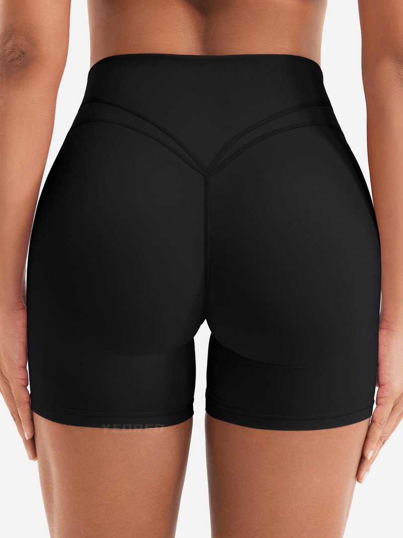 YEOREO Women Workout Yoga Shorts 4.5" No Front Seam Hidden Scrunch Almiy High Rise Buttery Biker Shorts Black S