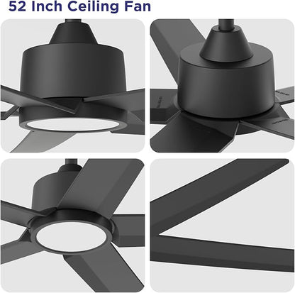 ocioc Ceiling Fans with Lights, 52 inch Black Ceiling Fan with Light and Remote Control, 3CCT, Quiet DC Motor, 5 Blades Modern Ceiling Fan for Living Room Farmhouse Bedroom