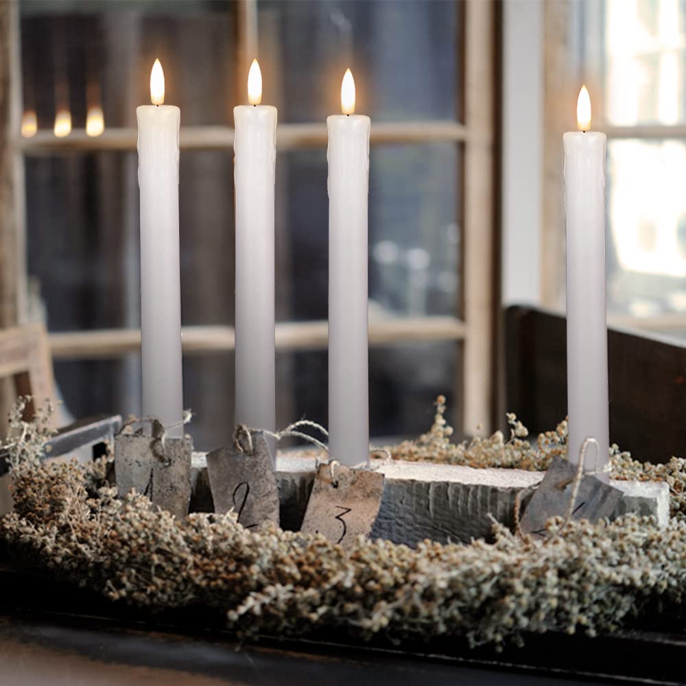 GenSwin Drip Wax Flameless Taper Candles Flickering with 10-Key Remote, Battery Operated Led Warm 3D Wick Light Window Candles Real Wax Pack of 6, Christmas Home Wedding Decor(White, 0.78 X 9.64 Inch)
