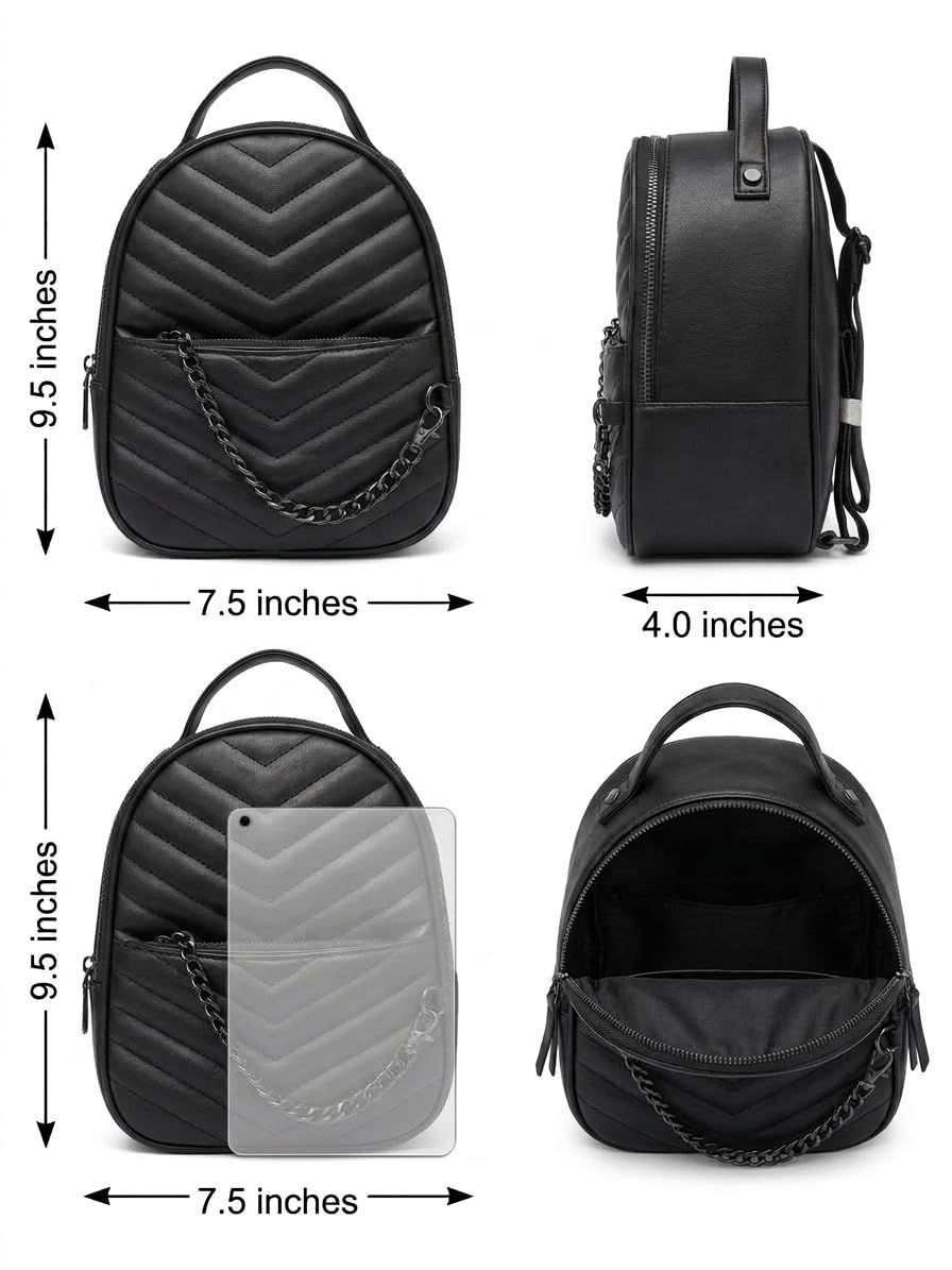 Quilted Mini Backpack, Black, Faux Leather, Chevron Pattern, Chain Detail, Top Handle, Everyday Backpack