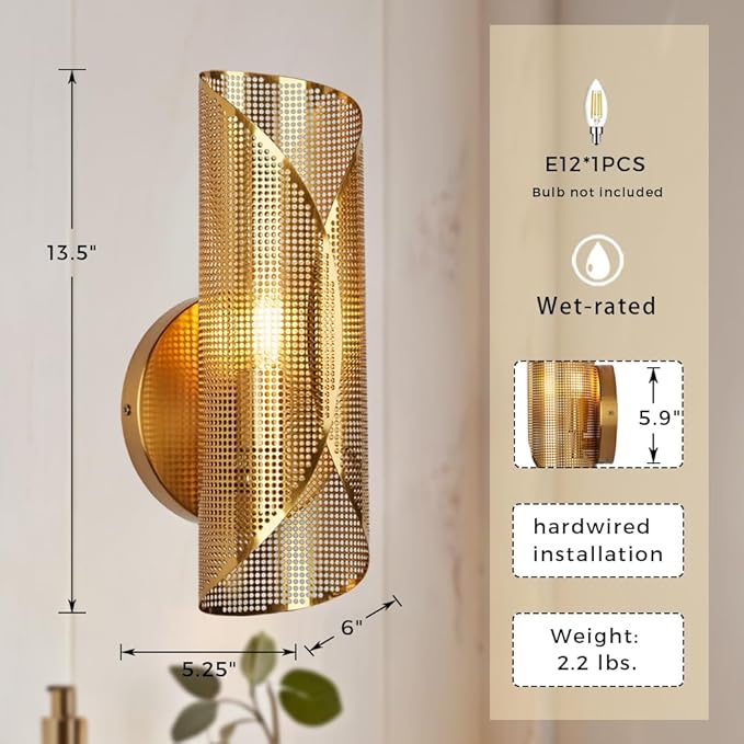 Industrial Cylindrical Aged Brass Curved Perforated Wall Sconce, 21 Inch Hand-Made Wall Mounted Light, Luxury Wall Light for Hallway, Bedroom, Living Room (1-Light)