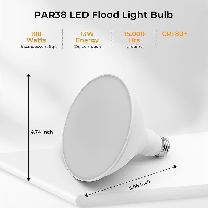 PAR38 LED Outdoor Flood Light Bulbs, 100W Equivalent, 3000K Warm White, 1050LM, 13W Dimmable, Waterproof LED Floodlight for Porch Yard Garage, E26 Base, 15,000 Hrs, 6 Pack