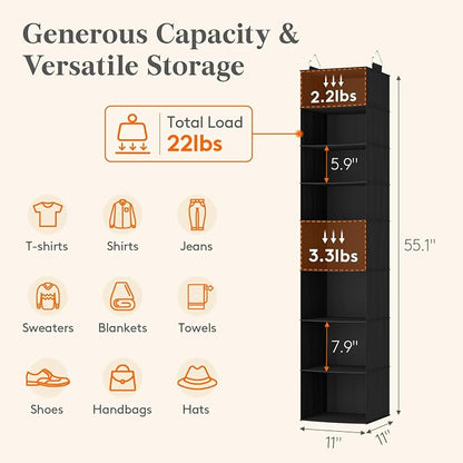 Lifewit 8 Tier Hanging Closet Organizer and Storage for Shelves, 1 Pack Foldable Clothes Shelf with 2 Sturdy Hooks, Sweater/Coat/Shoes Clothing Organization for Wardrobe, Dorm, Bedroom, Black