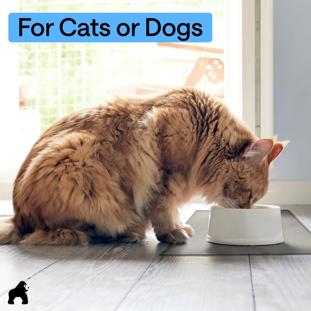 GORILLA GRIP 100% Waterproof Raised Edge BPA Free Silicone Pet Feeding Mat, Dog Cat Food Mats Contain Spills Protects Floors, Placemats for Cats and Dogs Water Bowl, 18.5x11.5, Gray