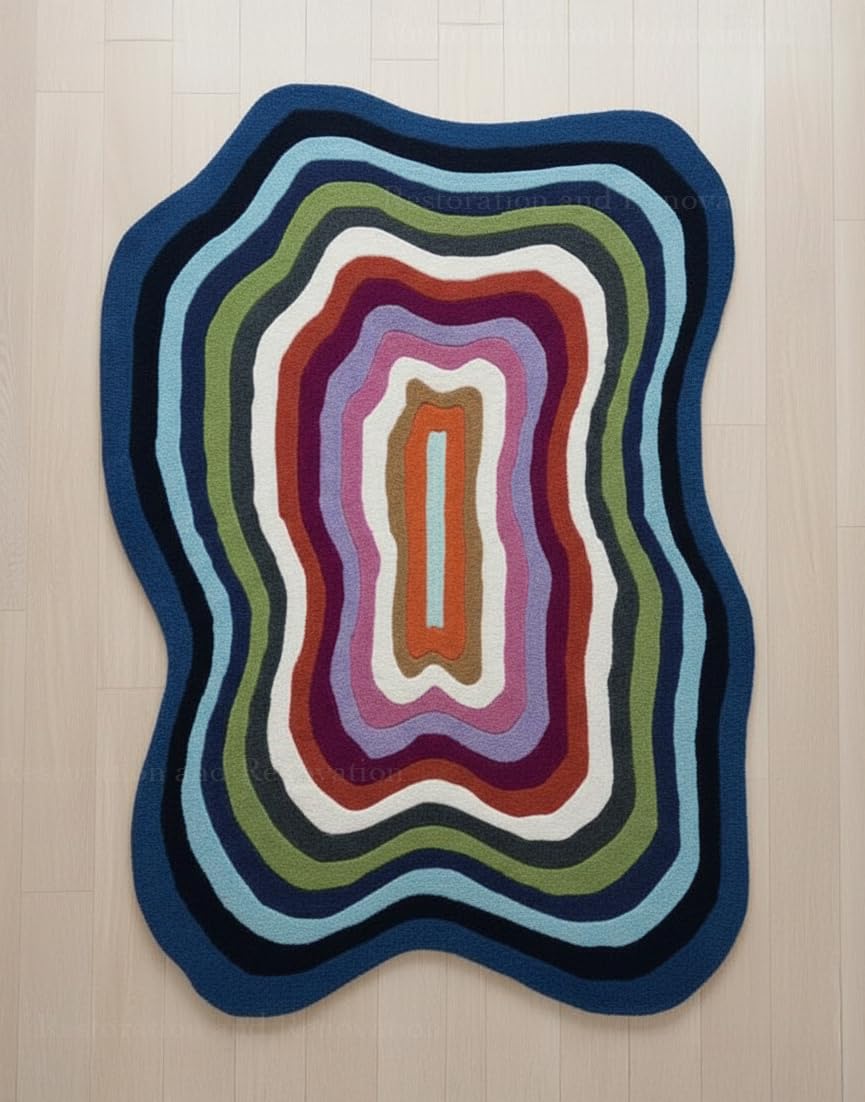 RUGORIA Restoration and Renovation Irregular Shaped Handmade Wool Rug | Modern Colourful Stripe Premium Area Rug Perfect for Home Decor (Blue Multi, 5' x 8')