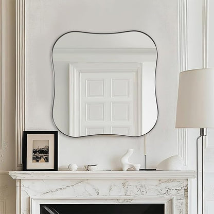 ANDY STAR 30x30 Inch Brushed Nickel Bathroom Mirror,Square Scallope Mirror with Unique Notched Edges Design in 1 Inch Stainless Steel Metal Frame Wall Mounted Mirror for Home Bathroom