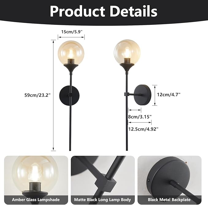 KCO Lighting Mid Century Modern 1-Light Wall Sconce Lighting Set of Two Matte Black Globe Vanity Wall Light Fixture Set of 2 Amber Glass Bathroom Wall Lamp Industrial Long Pole Wall Sconce